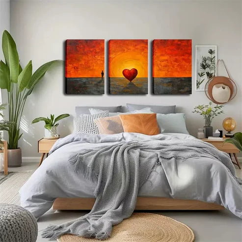 3pcs Man and Red Heart Silhouette, Coastal Lands Wall Art Canvas Unframed - High Quality Print 100% Australian Made Wall Canvas
