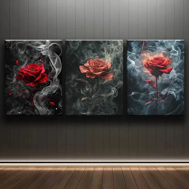 3pcs Red Roses in Smoke Flowers Themed Metal Print Ready to Hang Art