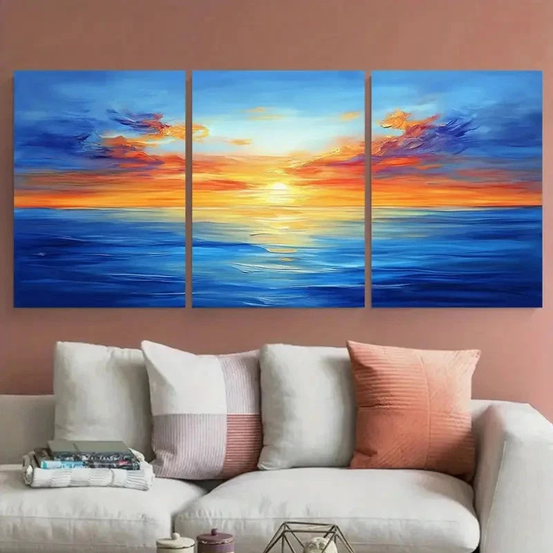 3pcs Blue Sky and Sea Painting Ocean Minimalist Wall Art Set Canvas Framed 40x60cm - High Quality Print 100% Australian Made Wall Canvas Ready to Hang