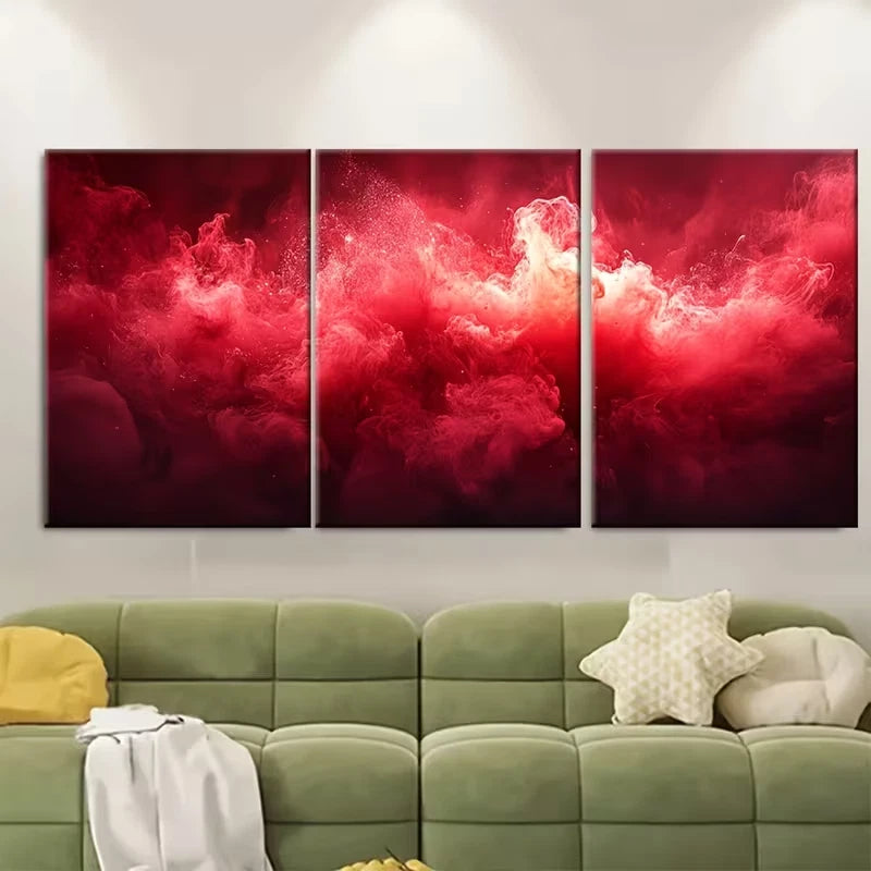 3pcs Crimson Red Ink Water Abstract Metal Print Ready to Hang Art