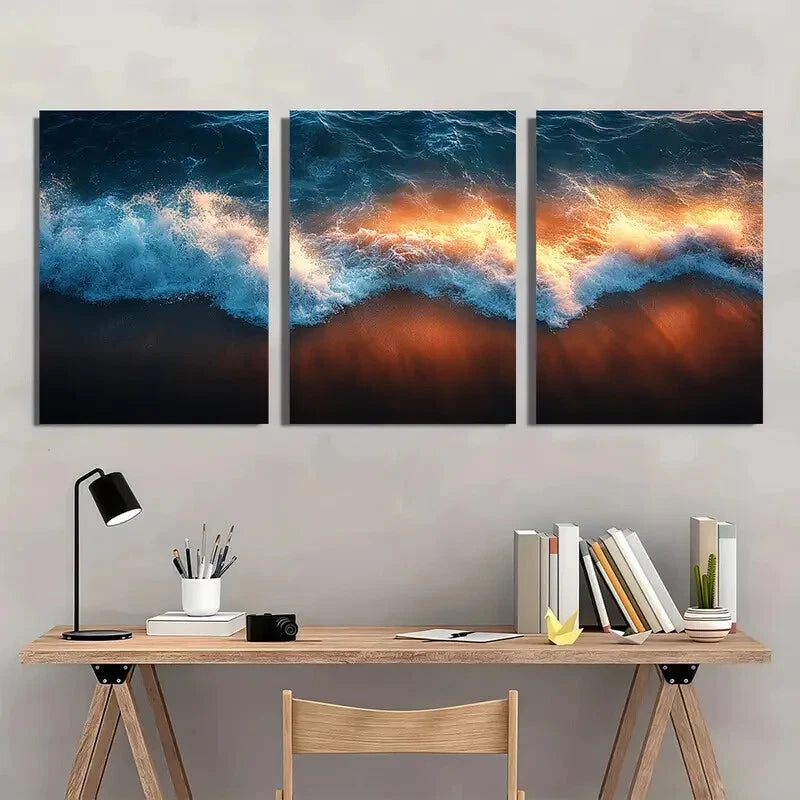 3pcs Ocean Wave Blue & Orange Tides Coastal Metal Print Ready to Hang Art