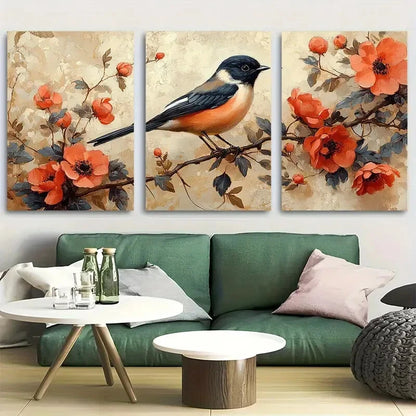 3pcs Vibrant Bird and Florals Aesthetics Design Metal Print Ready to Hang Art