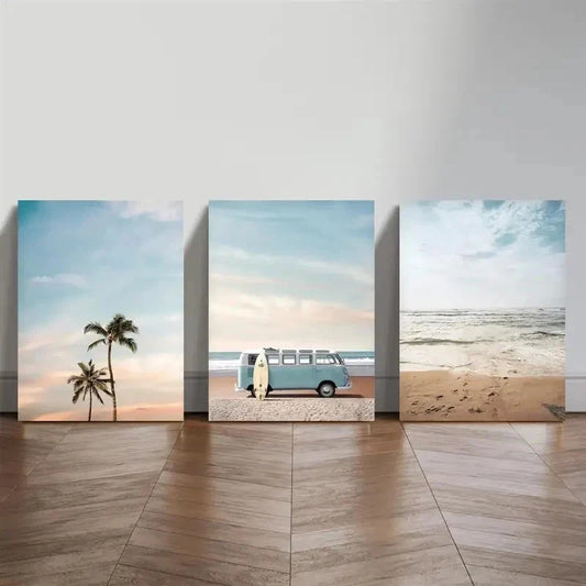 3pcs Turquoise Trucks Palm Trees Perfect Wall Art Set Canvas Framed 40x60cm - High Quality Print 100% Australian Made Wall Canvas Ready to Hang