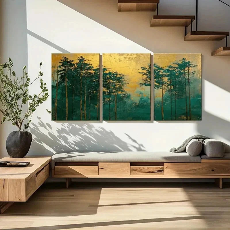 3pcs Abstract Forest Art Golden Sky Teal Trees Metal Print Ready to Hang Art