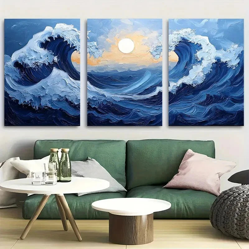 3pcs Yasuragi Japanese Wave with Kanji for Peace Metal Print Ready to Hang Art