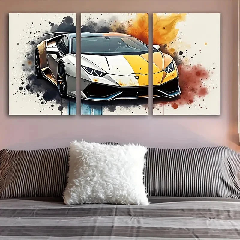 3pcs Flaming Sports Car Triptych Metal Print Ready to Hang Art