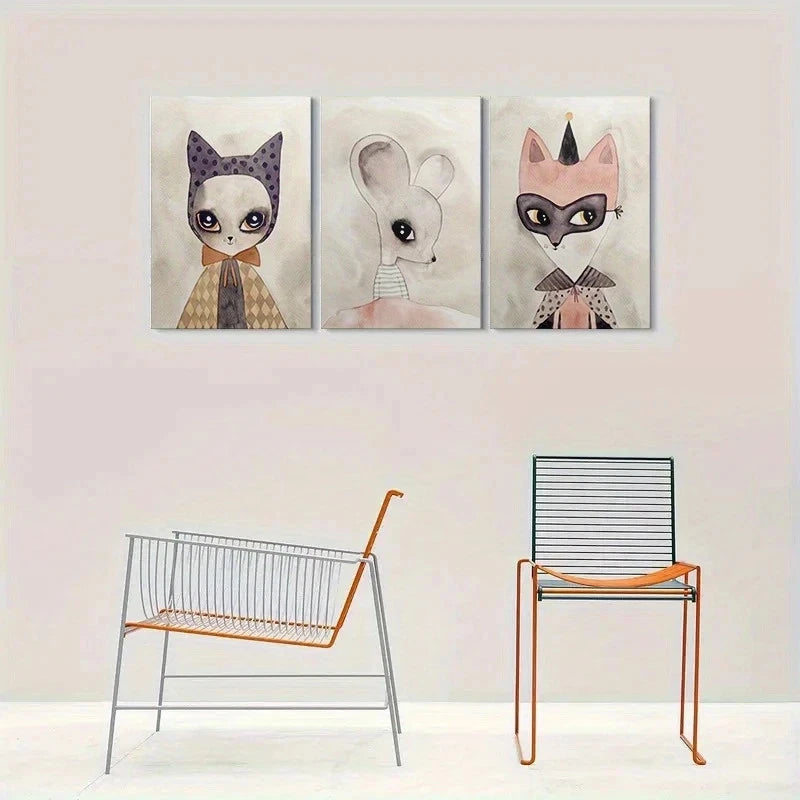 3pcs Whimsical Animal Masks Watercolor Metal Print Ready to Hang Art