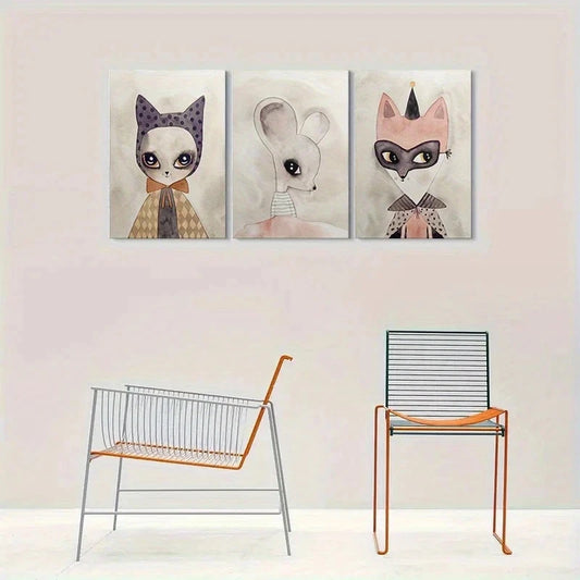 3pcs Whimsical Animal Masks Watercolor Metal Print Ready to Hang Art