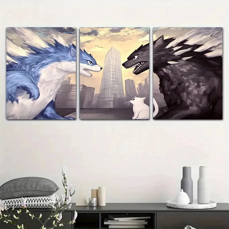 3pcs Blue Wolf & Black Wolf Confrontation Metal Print Ready to Hang Art