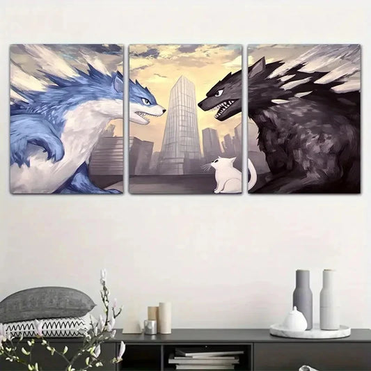 3pcs Blue Wolf & Black Wolf Confrontation Metal Print Ready to Hang Art