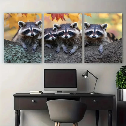 3pcs Raccoons in Maple Tree Animal Photography Metal Print Ready to Hang Art