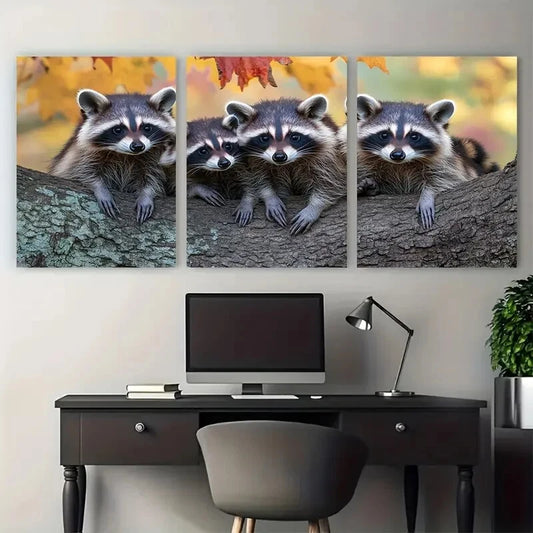 3pcs Raccoons in Maple Tree Animal Photography Metal Print Ready to Hang Art