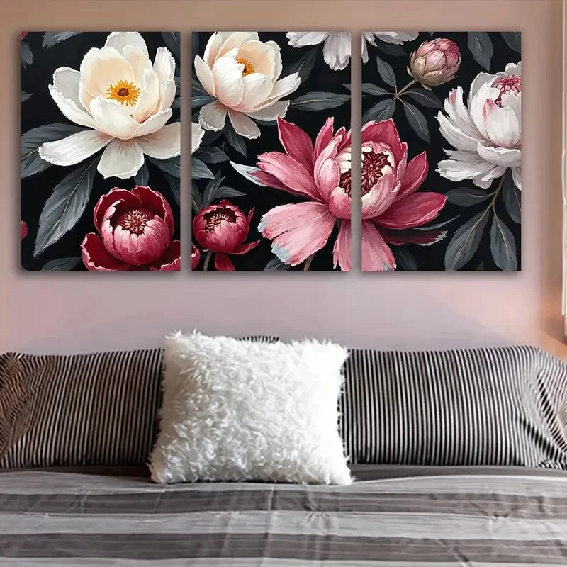 3pcs Vibrant Floral Peonies Painting Wall Art Set Canvas Framed 50x70cm - High Quality Print 100% Australian Made Wall Canvas Ready to Hang