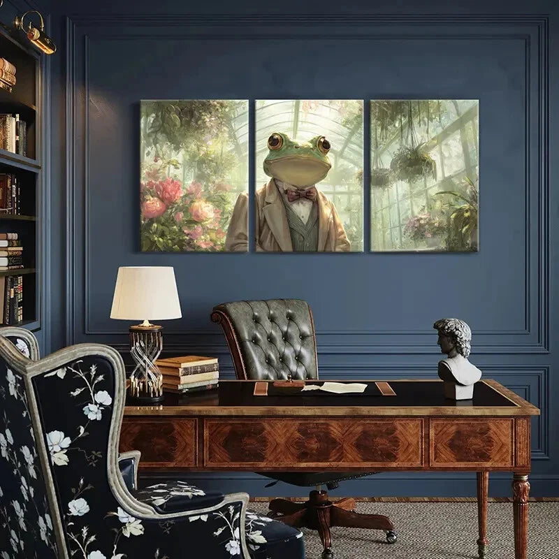 3pcs Frog In Suit Greenhouse Garden Metal Print Ready to Hang Art