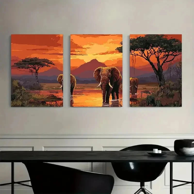 3pcs Sunset Scenery with Elephants Metal Print Ready to Hang Art