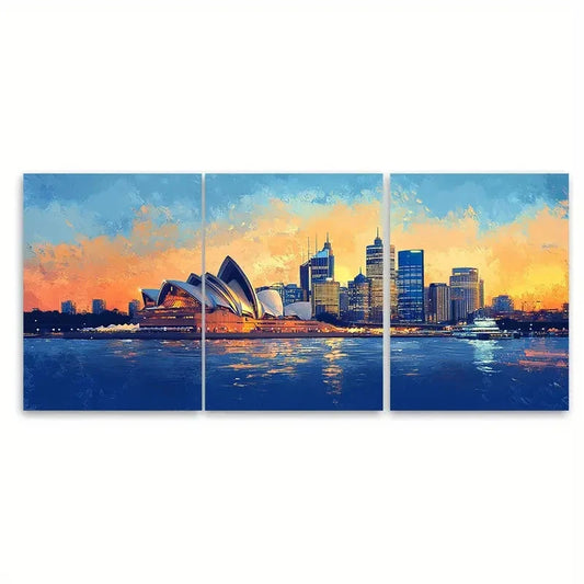 3pcs A Beautiful sunset Over the Sydney skyline Wall Art Set Canvas Framed 50x70cm - High Quality Print 100% Australian Made Wall Canvas Ready to Hang