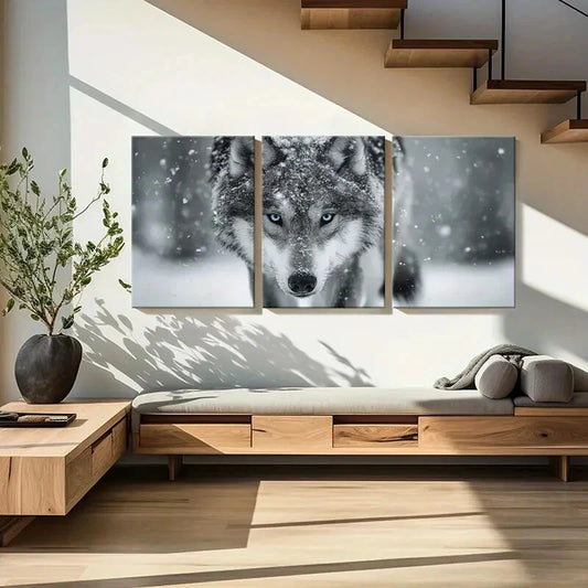 3pcs Winter Wolf Art Snowy Landscape Blue Eyes Metal Print Ready to Hang Art