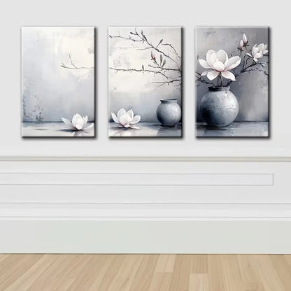 3pcs Magnolia flowers and Vases Wall Art Set Canvas Framed 50x70cm - High Quality Print 100% Australian Made Wall Canvas Ready to Hang