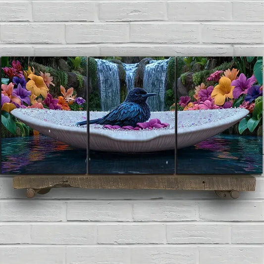3pcs Waterfall and Floral Landscape with Blackbird Metal Print Ready to Hang Art