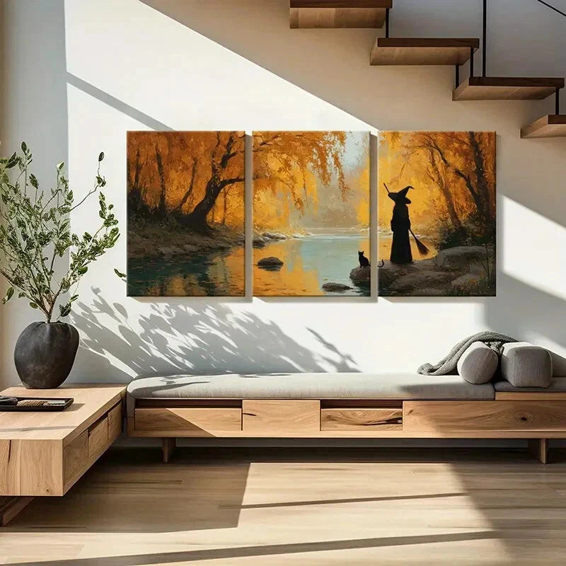 3pcs Autumn Forest Witch Cat River Landscape Metal Print Ready to Hang Art