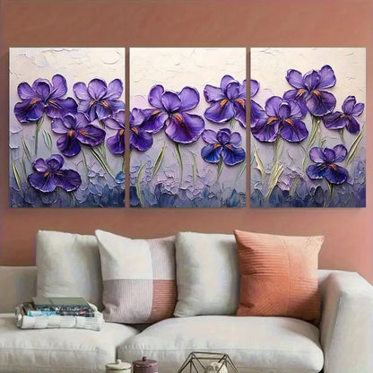 3pcs Purple Iris Flowers Abstract Textured Floral Metal Print Ready to Hang Art