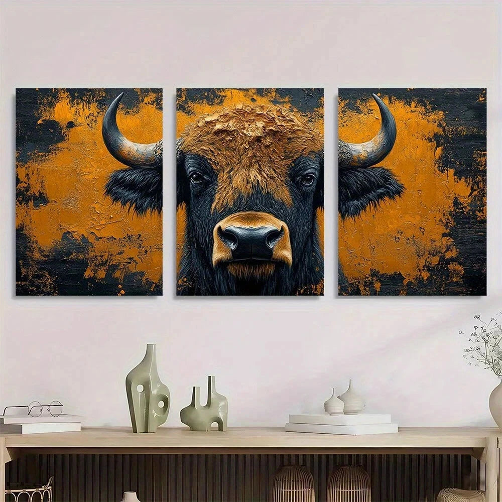 3pcs American Bison Buffalo Orange & Black Metal Print Ready to Hang Art