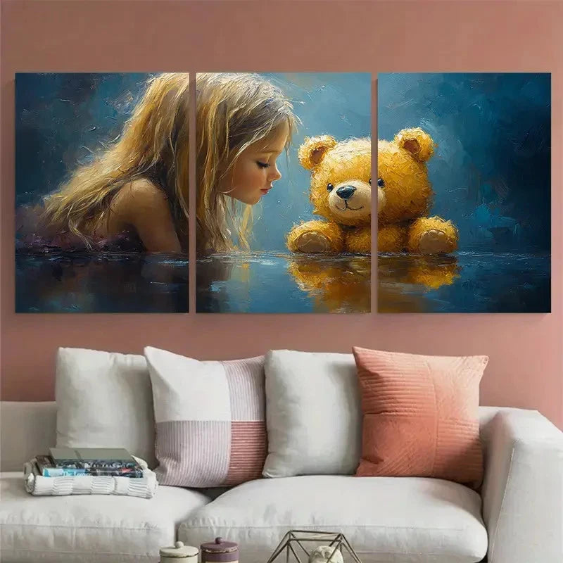 3pcs Girl Abstract Bear Toy Impasto Design Metal Print Ready to Hang Art