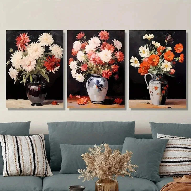 3pcs ,Ink Floral Vase Prints, Modern Classic Metal Print Ready to Hang Art