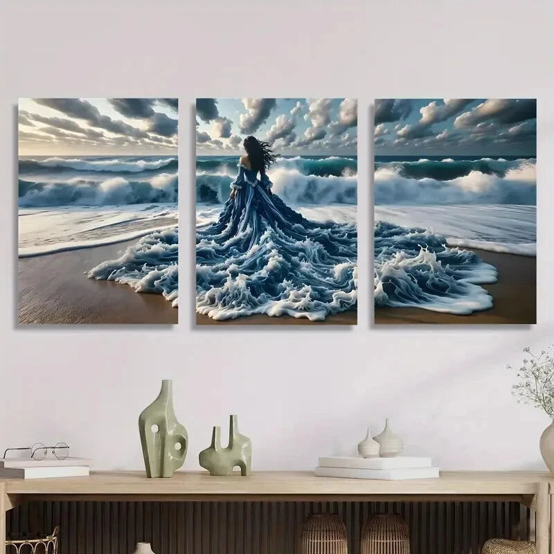 3pcs ,Ocean, beach, fantasy style mural, lady in Metal Print Ready to Hang Art