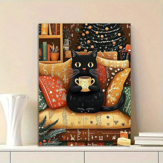 Black Cat Sitting On a Sofa With a Cup Painting  40x60cm Metal Print Ready to Hang