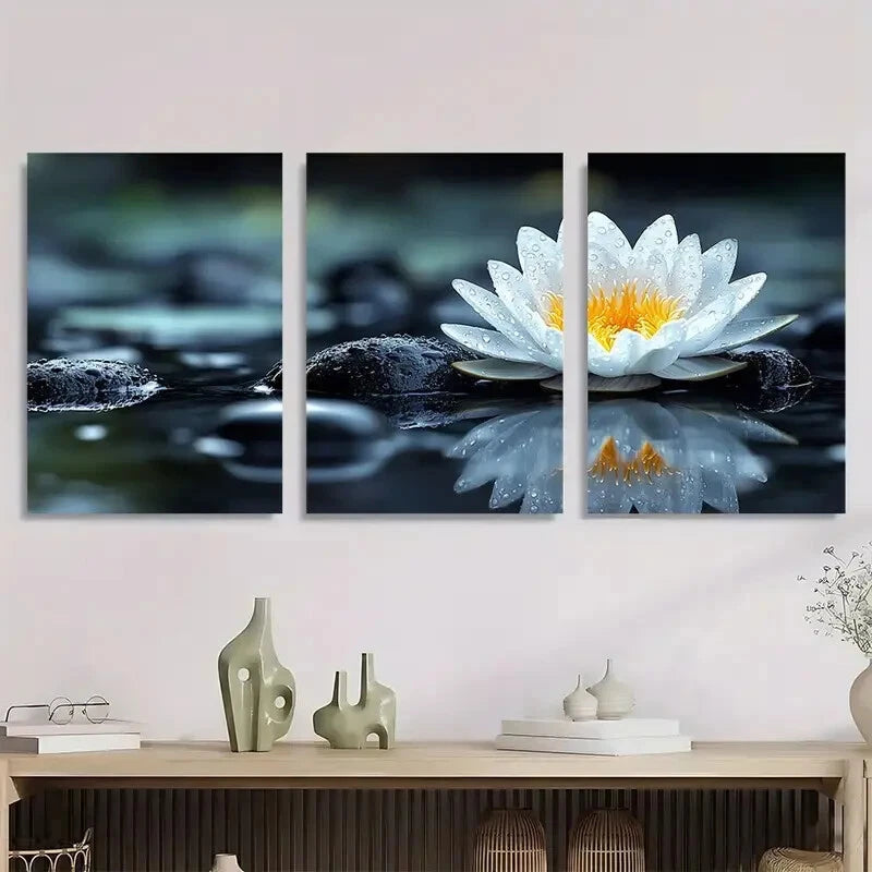 3pcs Black Stones & White for Lotus Metal Print Ready to Hang Art