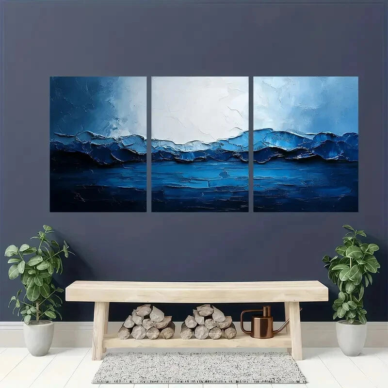 3pcs Texture Art Blue Abstract Knife Painting Metal Print Ready to Hang Art