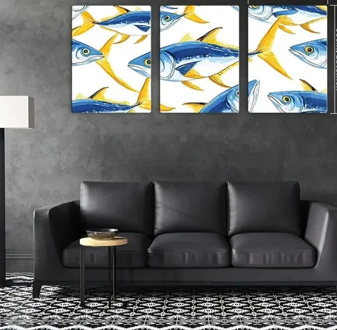 3pcs Blue Tuna Art Painting Metal Print Ready to Hang Art