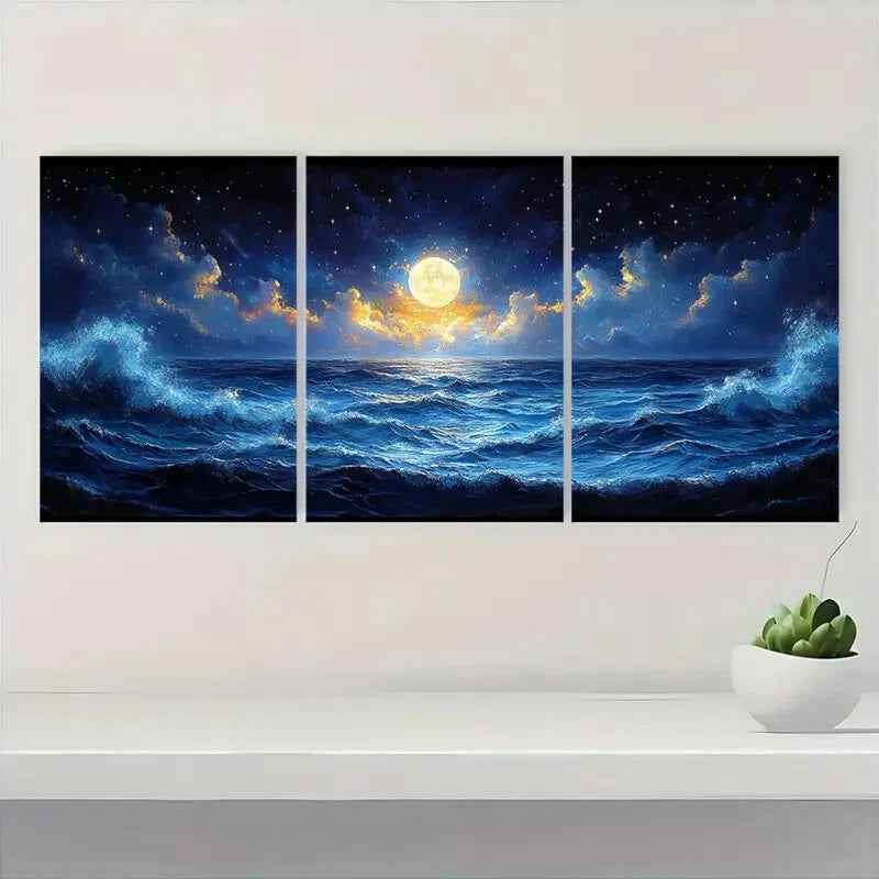 3pcs Deep Blue Sea Waves with Full Moon & Stars Metal Print Ready to Hang Art