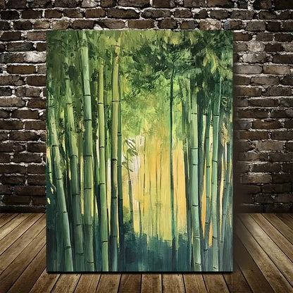 Serene Natural Scenery with Sunlit Bamboo Painting 40x60cm Metal Print Ready to Hang