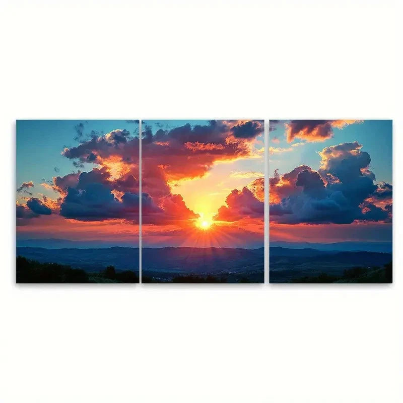 3pcs Majestic Cloud Skyline Sunset Illustration Wall Art Set Canvas Framed 50x70cm - High Quality Print 100% Australian Made Wall Canvas Ready to Hang