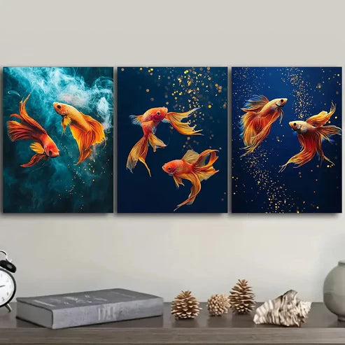 3pcs yellow betta fish Wall Art Set Canvas Unframed - High Quality Print 100% Australian Made Wall Canvas