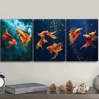3pcs yellow betta fish Wall Art Set Canvas Unframed - High Quality Print 100% Australian Made Wall Canvas