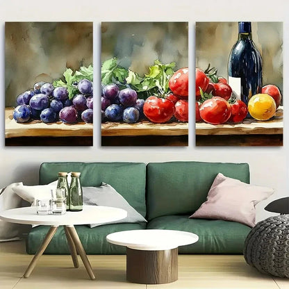 3pcs Fruits and Vegetables with Wine Design Metal Print Ready to Hang Art