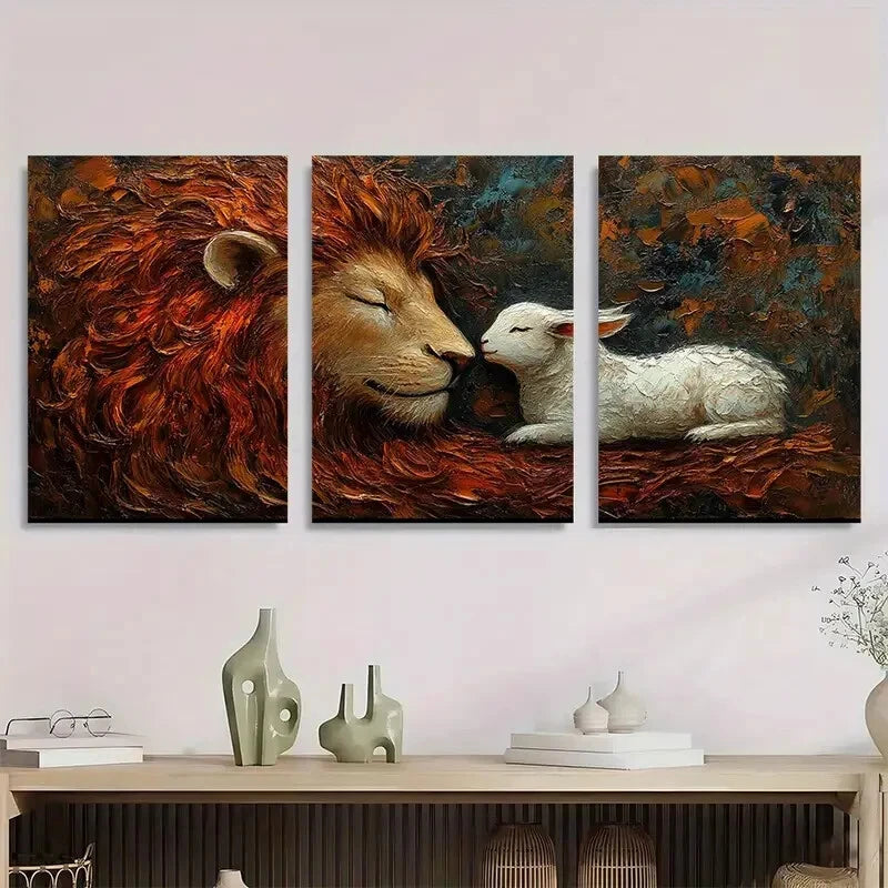 3pcs Lion Lamb & Dove Vintage Abstract Metal Print Ready to Hang Art
