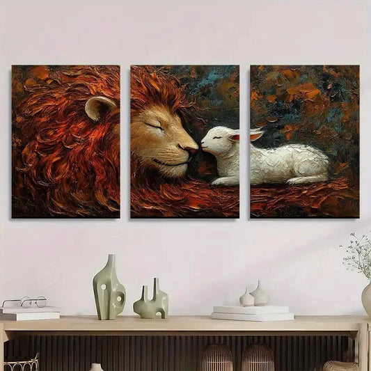 3pcs Lion Lamb & Dove Vintage Abstract Metal Print Ready to Hang Art