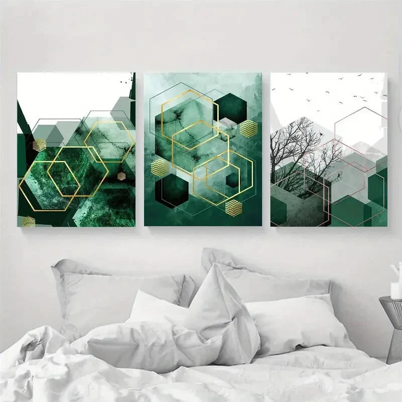 3pcs Geometric Abstract Green Copper Perfect Wall Art Set Canvas Framed 40x60cm - High Quality Print 100% Australian Made Wall Canvas Ready to Hang
