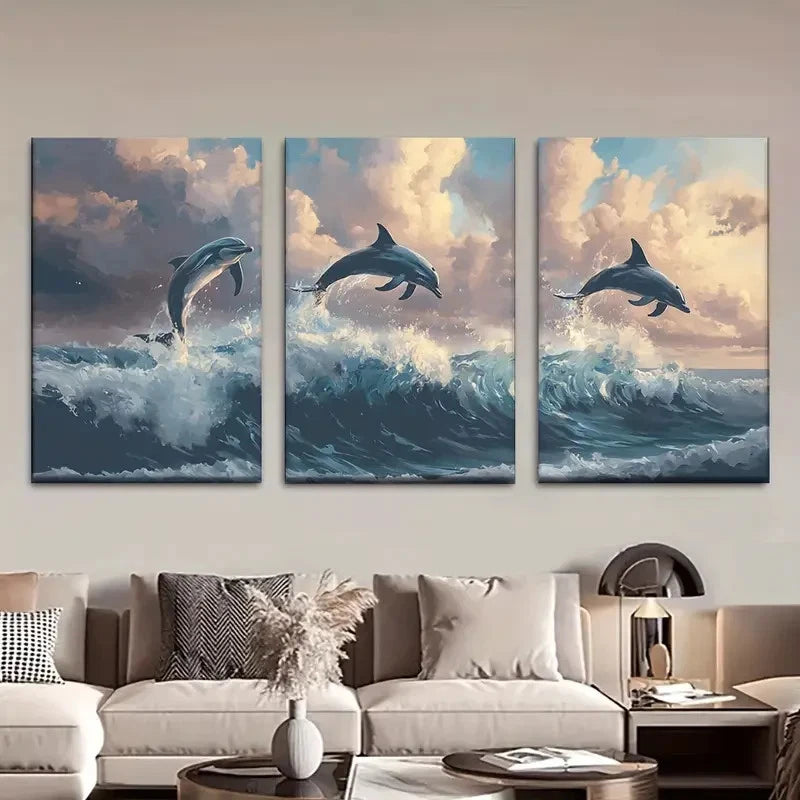 3pcs Ocean Dolphins Jumping in Sea Metal Print Ready to Hang Art