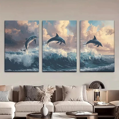 3pcs Ocean Dolphins Jumping in Sea Metal Print Ready to Hang Art