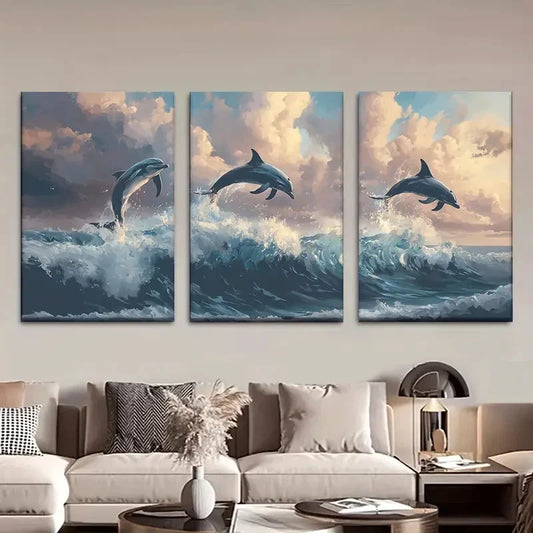 3pcs Ocean Dolphins Jumping in Sea Metal Print Ready to Hang Art