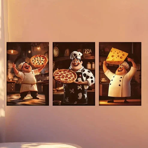 3pcs Happy Fat Chef with Cheese and Pizza Wall Art Canvas Unframed - High Quality Print 100% Australian Made Wall Canvas