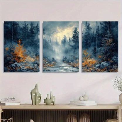 3pcs Misty Silvery Forest Modern Abstract Painting Metal Print Ready to Hang Art