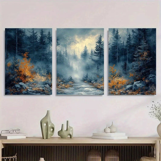 3pcs Misty Silvery Forest Modern Abstract Painting Metal Print Ready to Hang Art