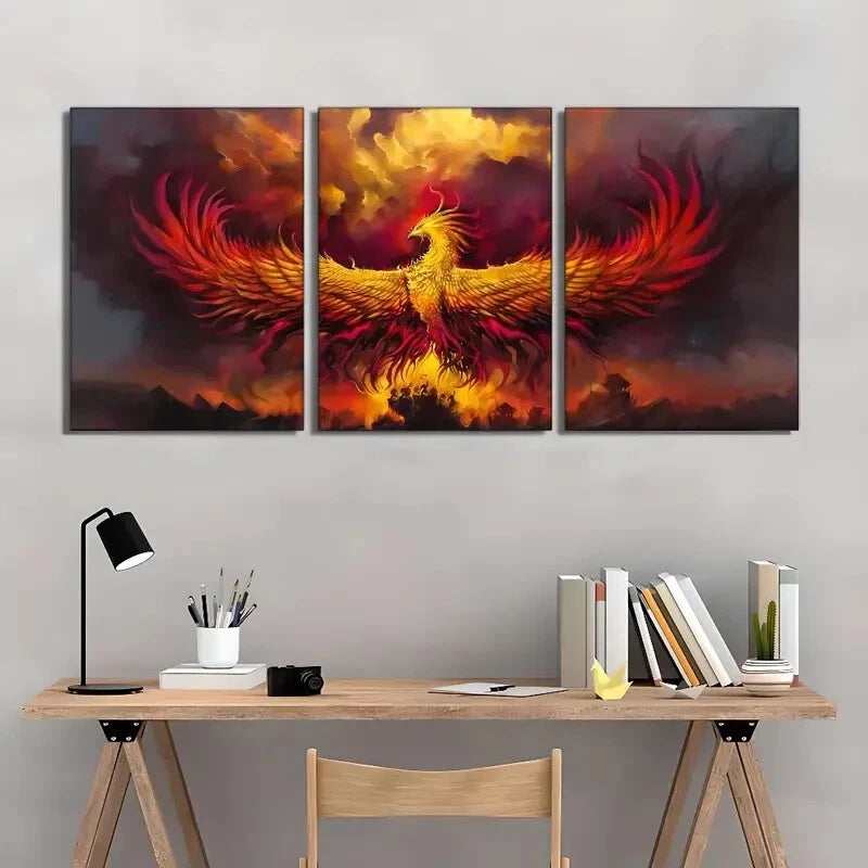 3pcs Mythical Creature Phoenix Ferocious Metal Print Ready to Hang Art