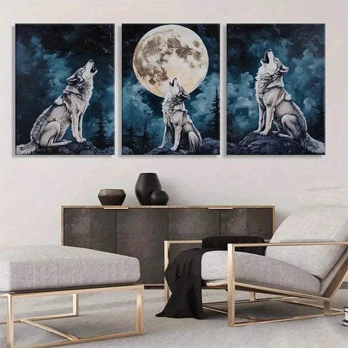3pcs Wolf Howling at the Moon Mystical Perfect Wall Art Set Canvas Unframed - High Quality Print 100% Australian Made Wall Canvas